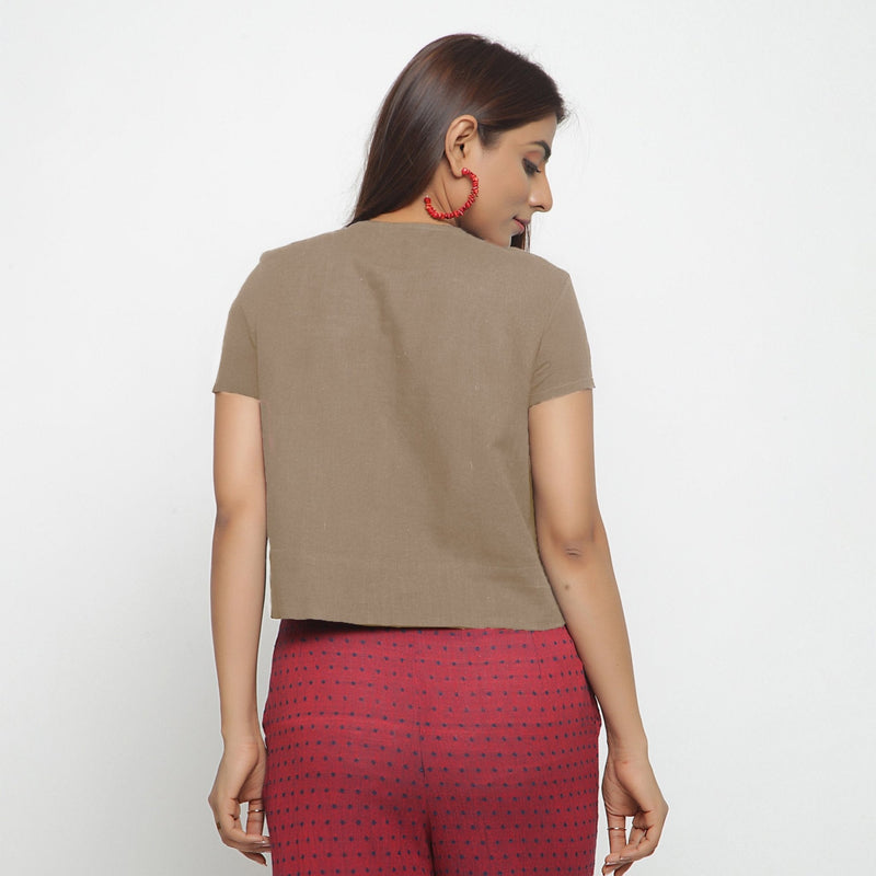 Beige Cotton Flax Button-Down Short Sleeves Shirt