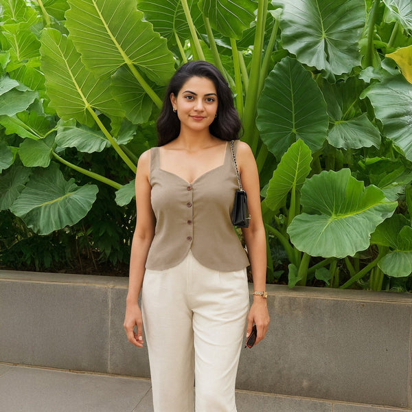 Beige Cotton Flax Button-Down Sweetheart Neck Waistcoat