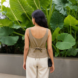 Beige Cotton Flax Button-Down Sweetheart Neck Waistcoat