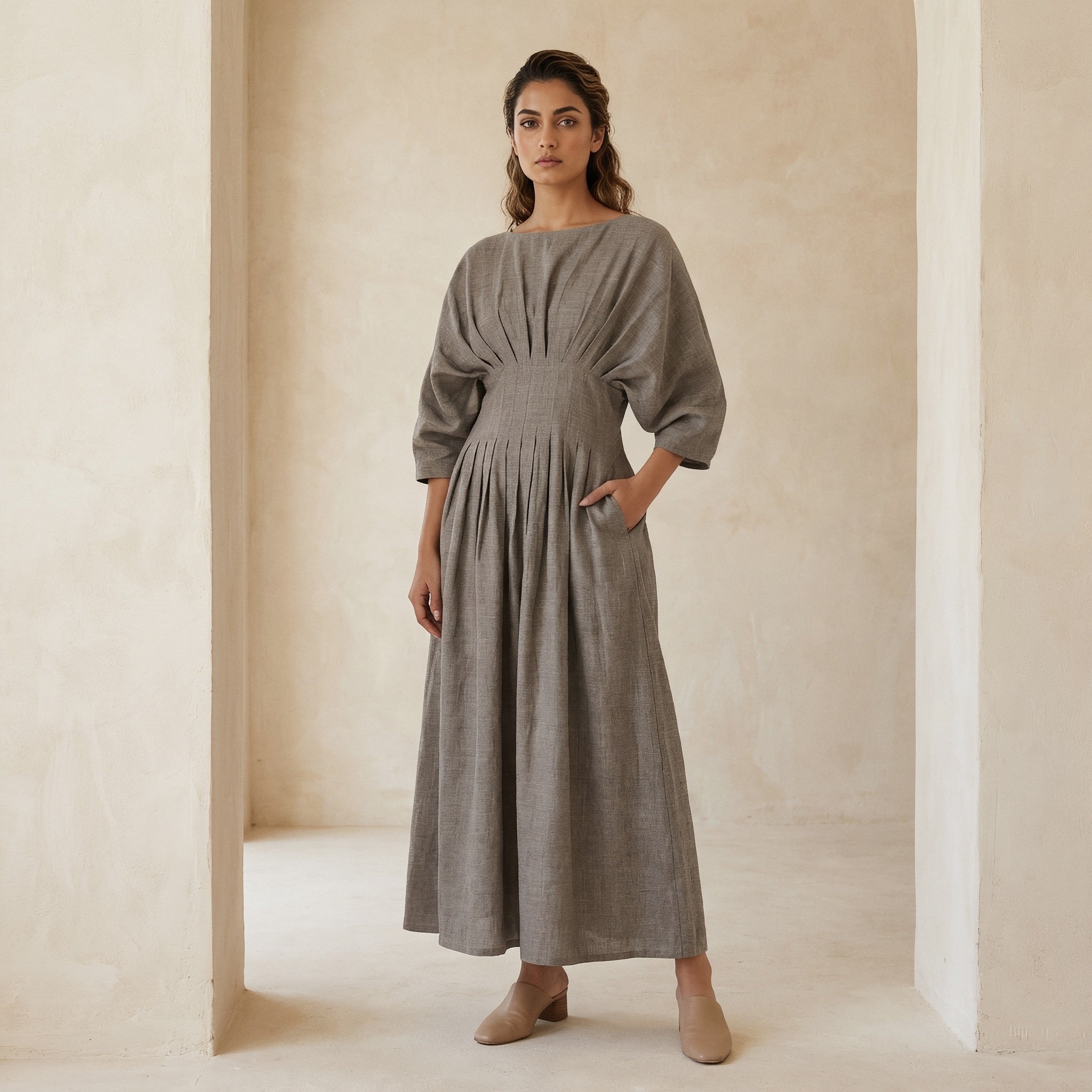 Beige Cotton Flax Cinched Waist Flared Maxi Dress