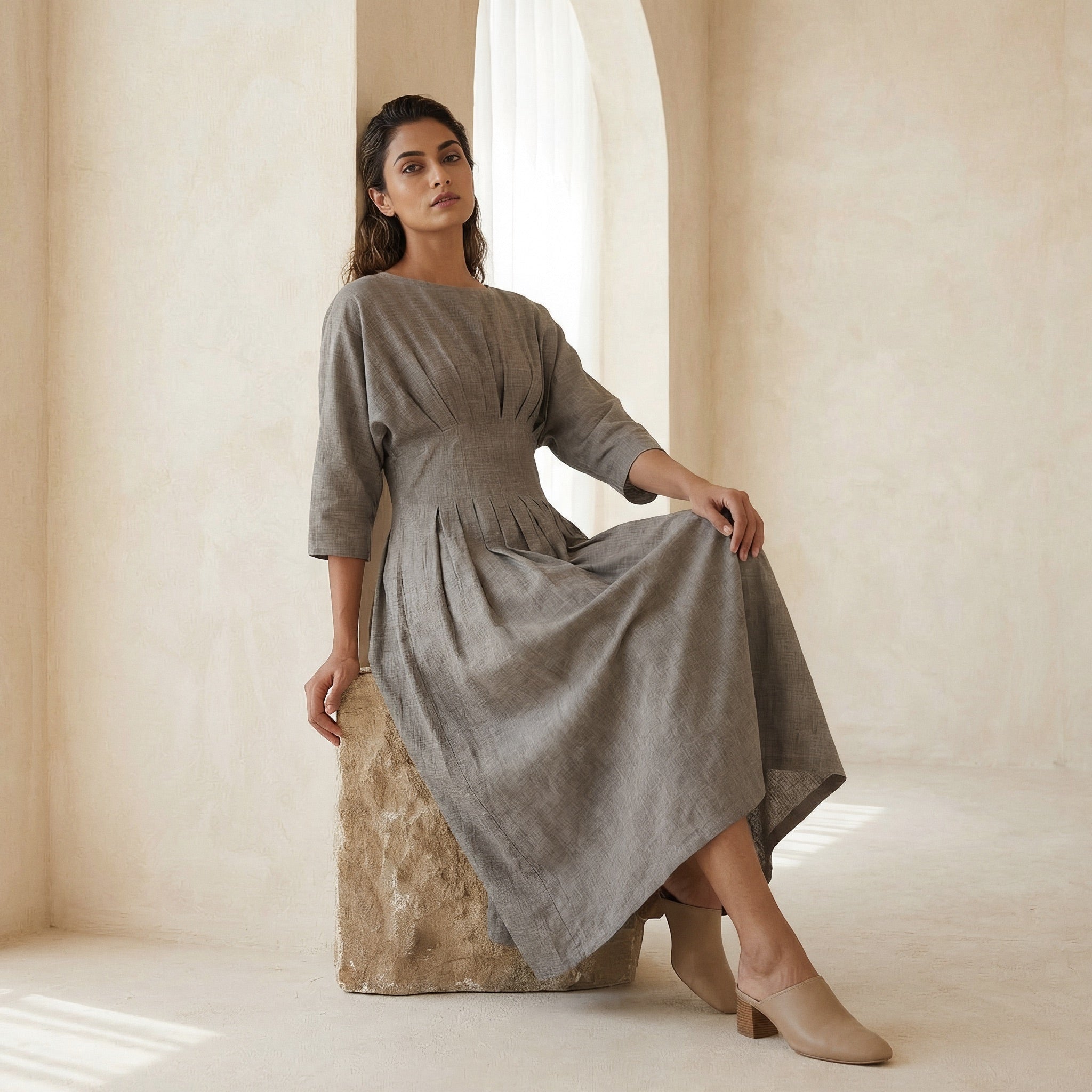 Beige Cotton Flax Cinched Waist Flared Maxi Dress