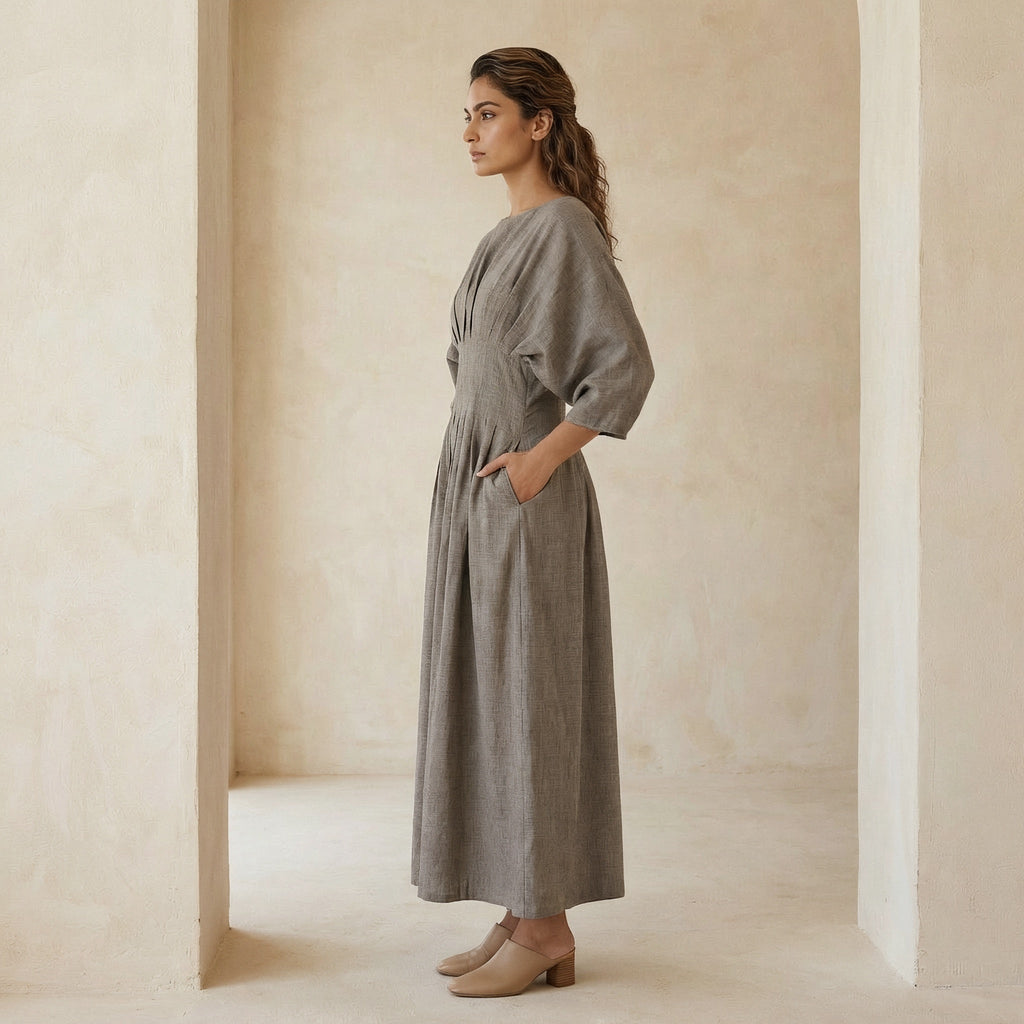 Beige Cotton Flax Cinched Waist Flared Maxi Dress