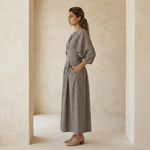 Beige Cotton Flax Cinched Waist Flared Maxi Dress
