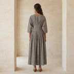 Beige Cotton Flax Cinched Waist Flared Maxi Dress