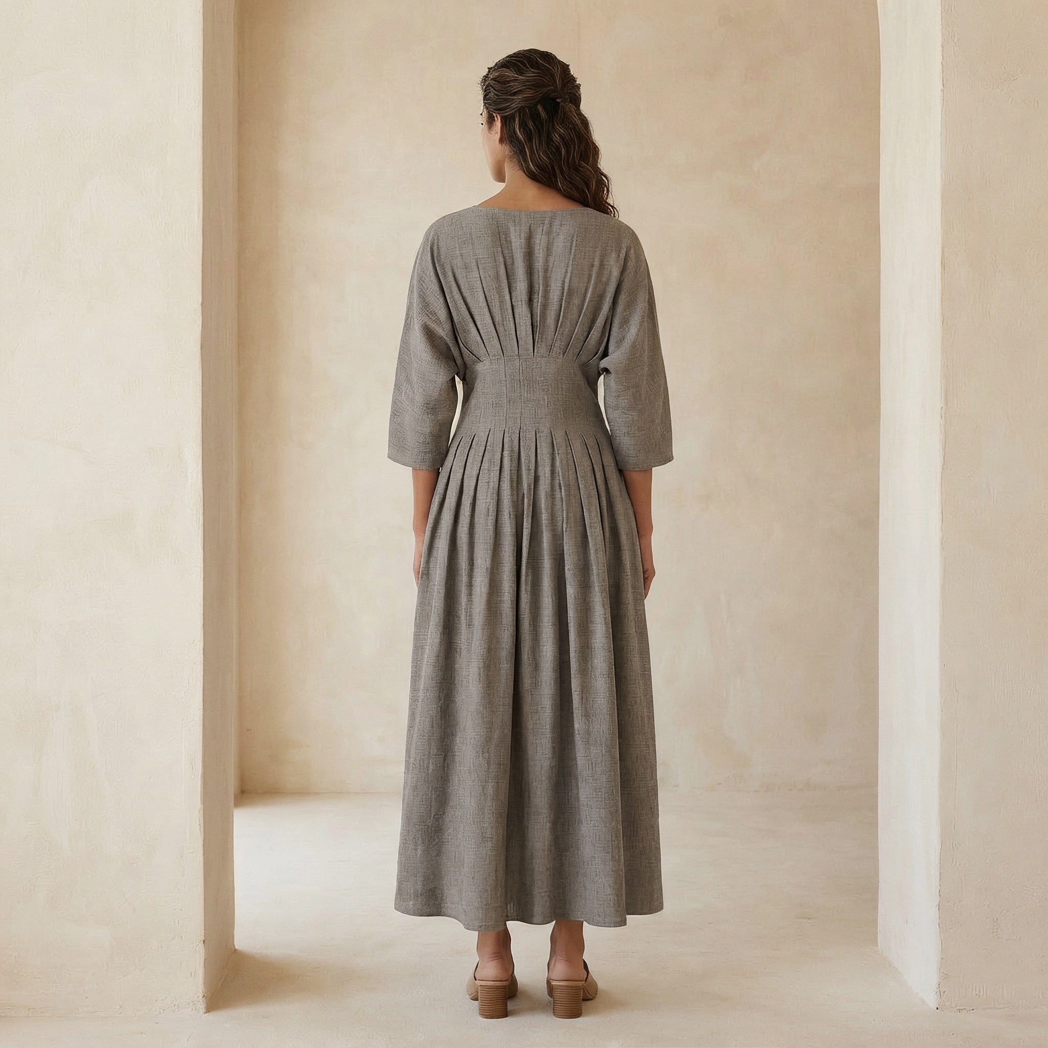 Beige Cotton Flax Cinched Waist Flared Maxi Dress