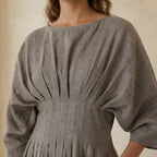 Beige Cotton Flax Cinched Waist Flared Maxi Dress