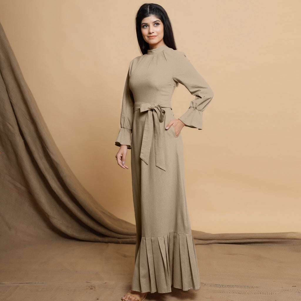 Beige Cotton Flax Mandarin Collar Floor Length Tier Dress