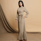 Beige Cotton Flax Mandarin Collar Floor Length Tier Dress