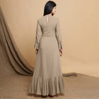 Beige Cotton Flax Mandarin Collar Floor Length Tier Dress