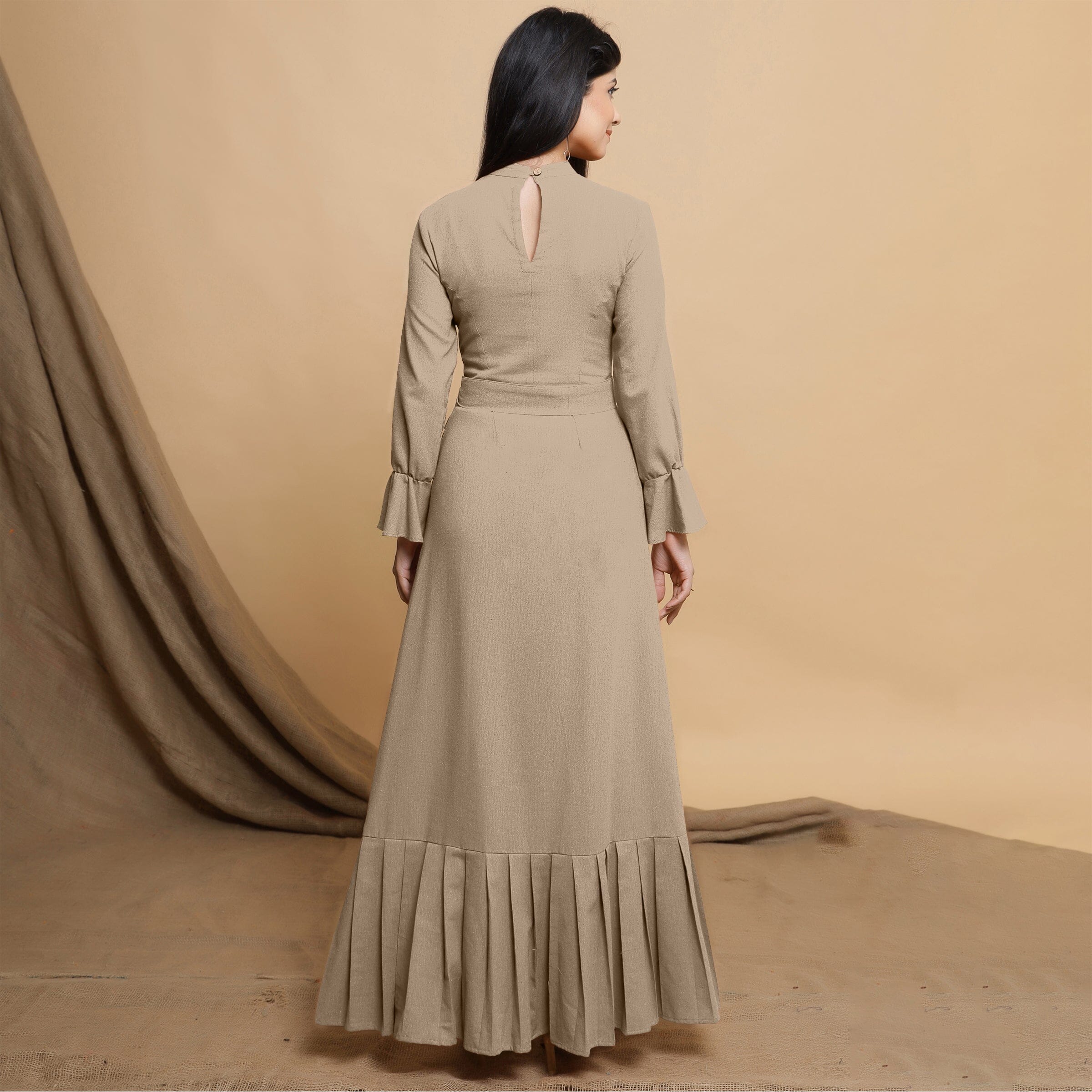 Beige Cotton Flax Mandarin Collar Floor Length Tier Dress