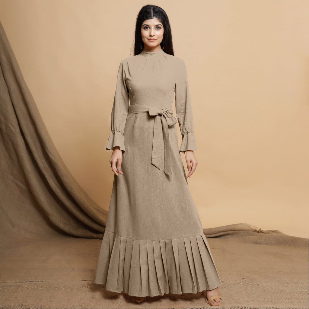 Beige Cotton Flax Mandarin Collar Floor Length Tier Dress
