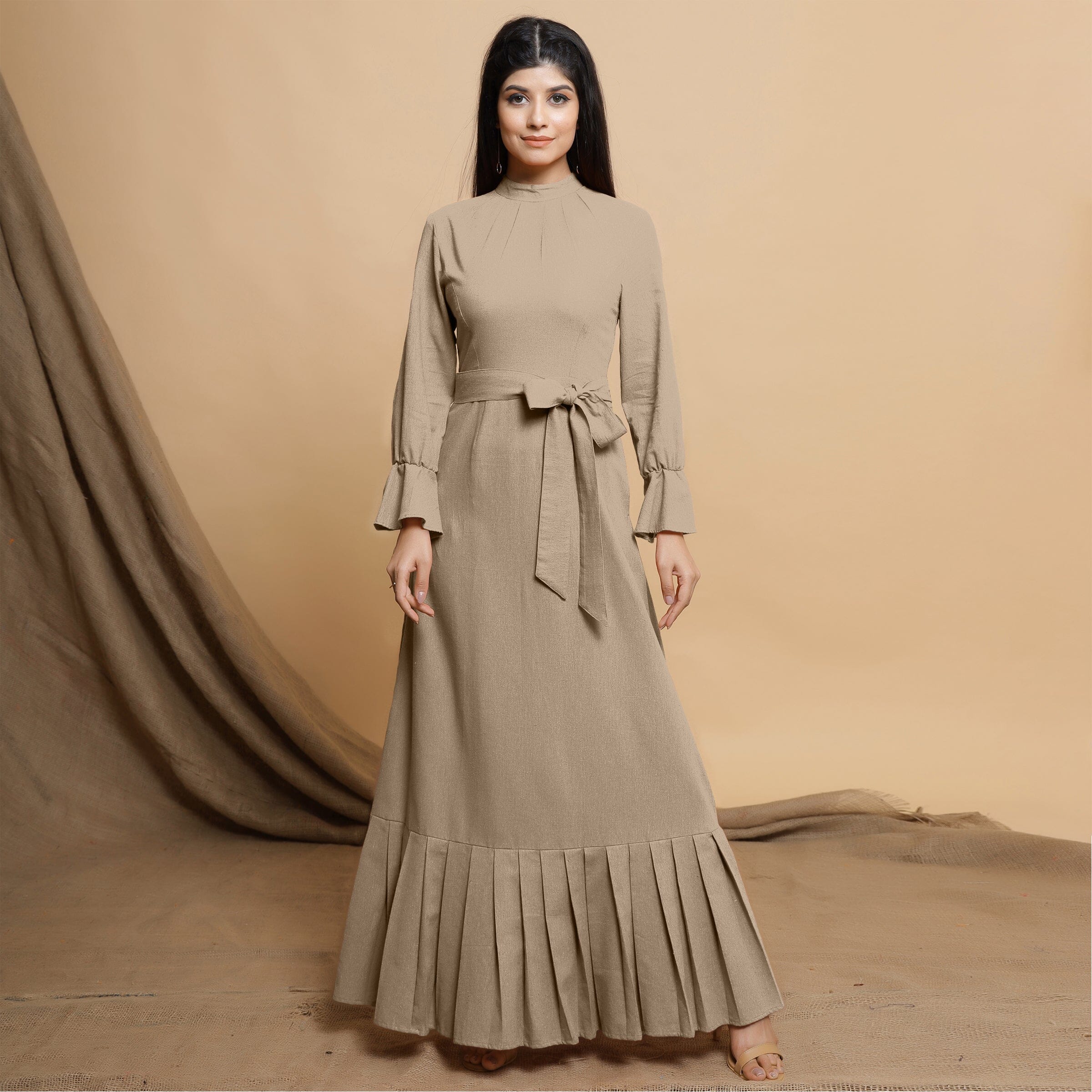 Beige Cotton Flax Mandarin Collar Floor Length Tier Dress