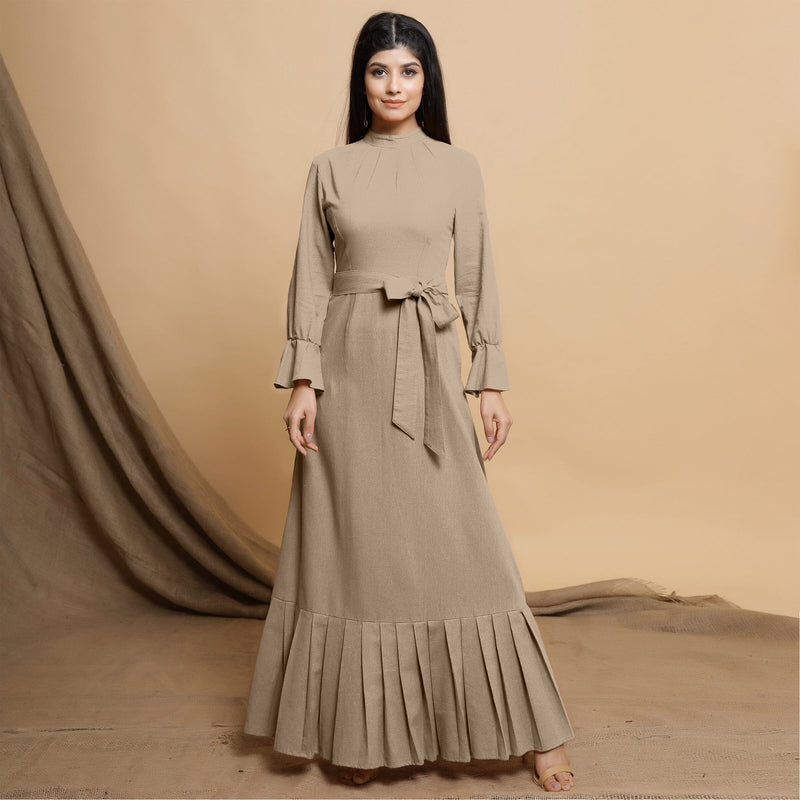 Beige Cotton Flax Crew Neck Floor Length Tier Dress