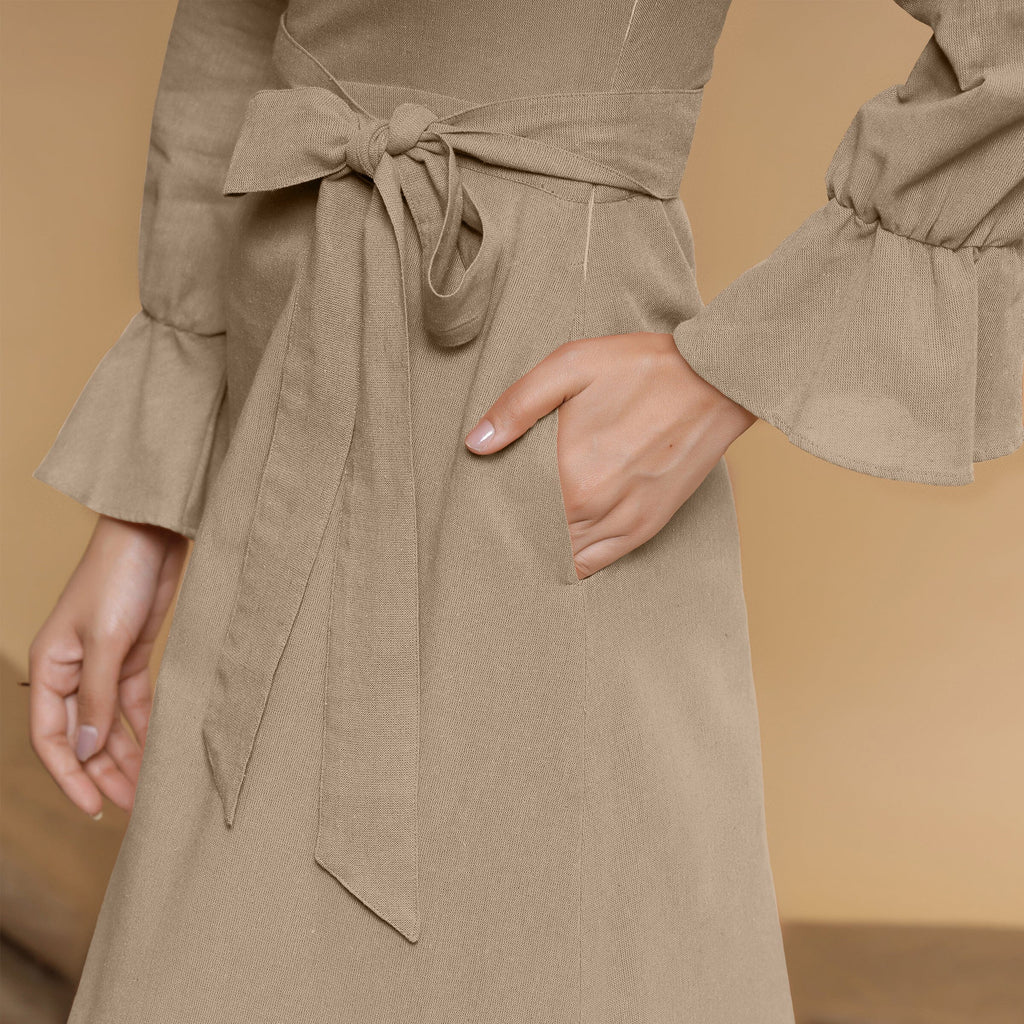 Beige Cotton Flax Mandarin Collar Floor Length Tier Dress