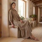 Beige Cotton Flax Deep-V Maxi Tier Dress