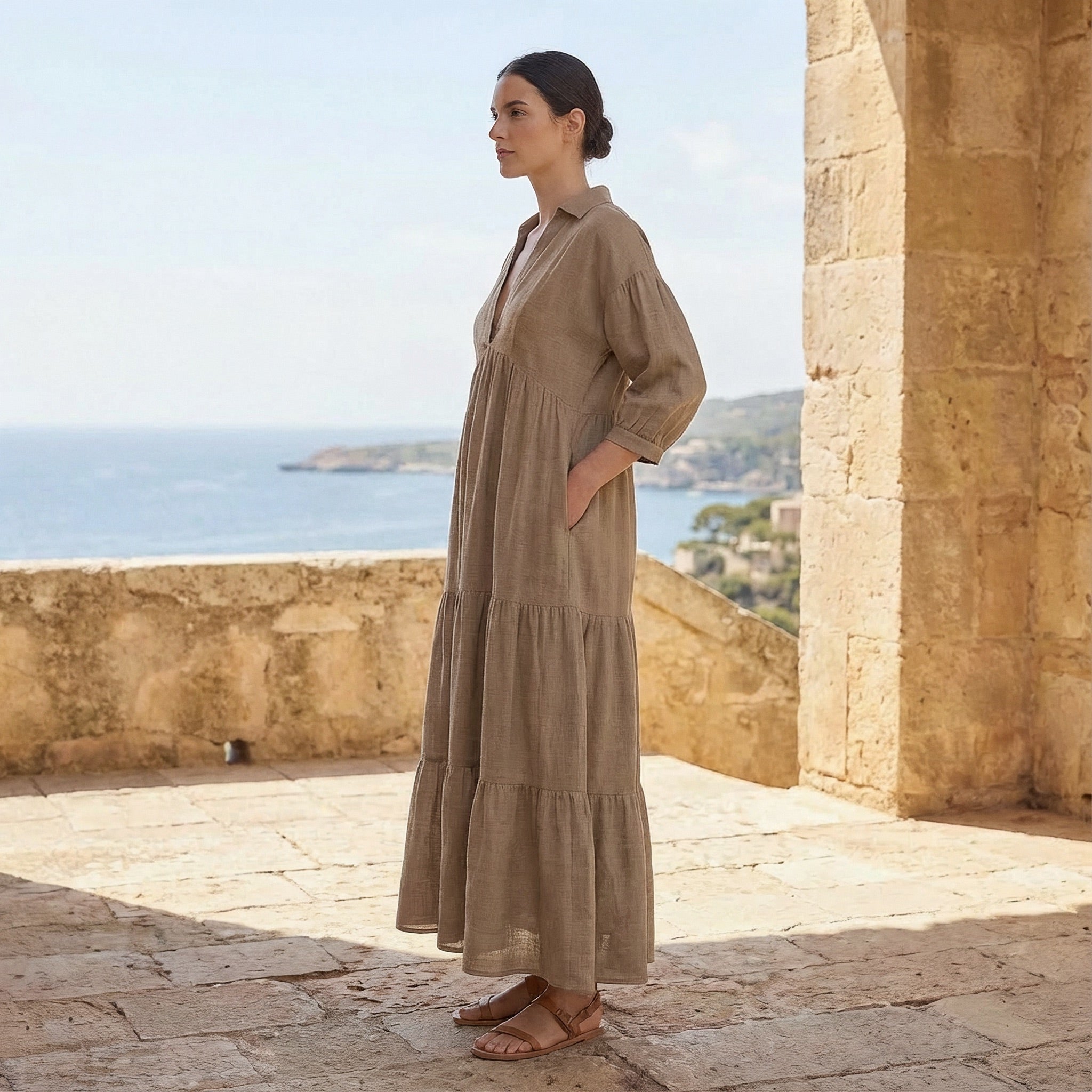 Beige Cotton Flax Deep-V Maxi Tier Dress