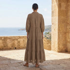 Beige Cotton Flax Deep-V Maxi Tier Dress