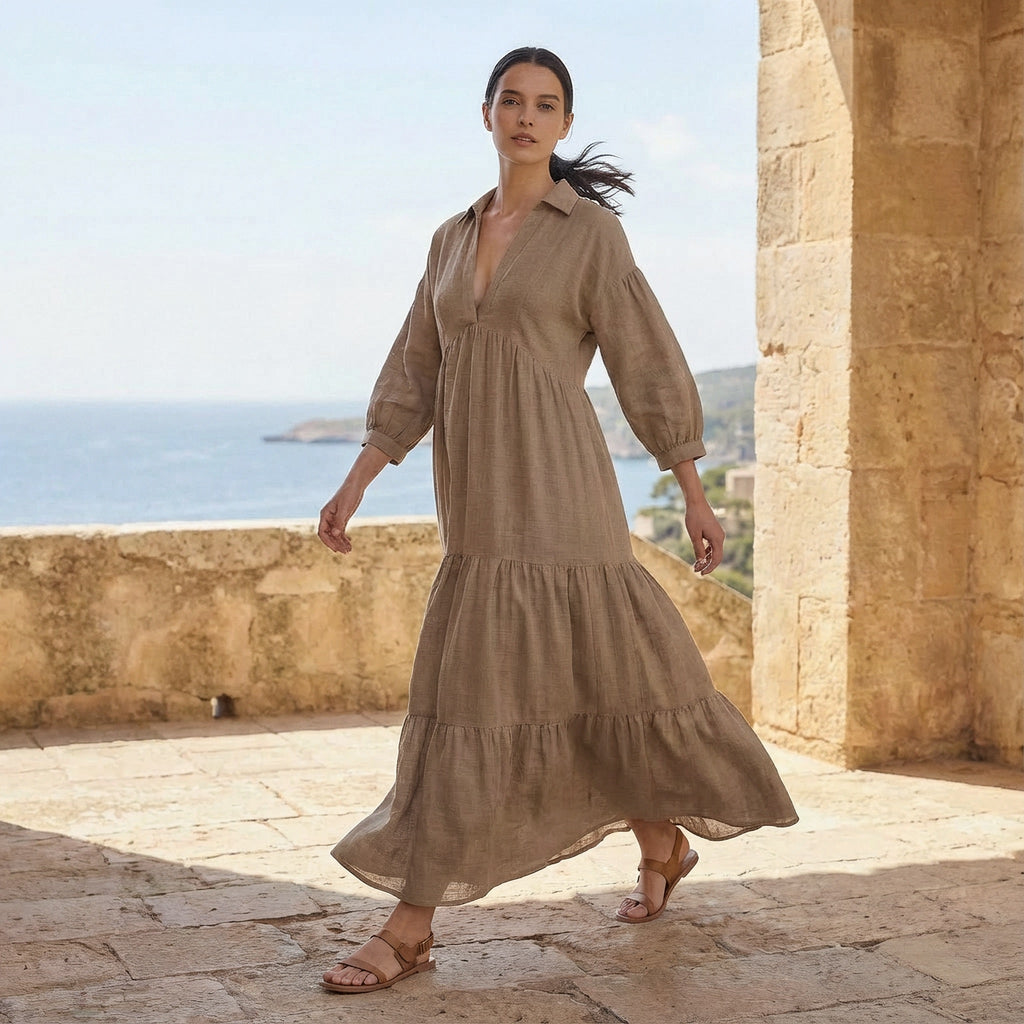 Beige Cotton Flax Deep-V Maxi Tier Dress