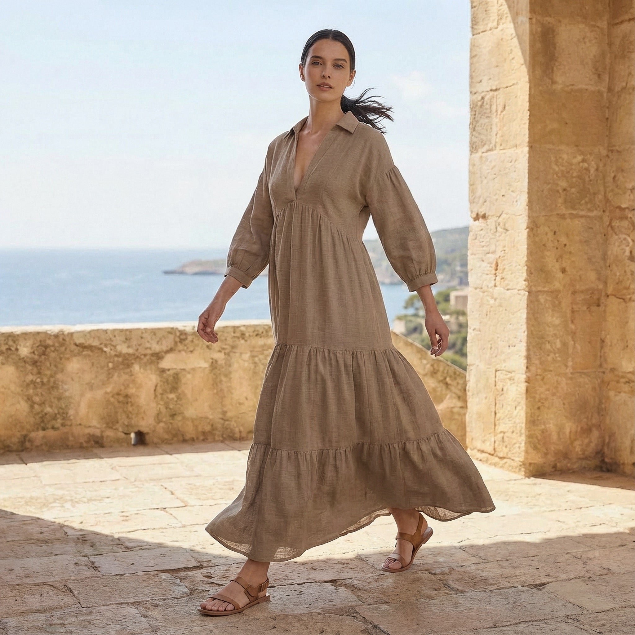 Beige Cotton Flax Deep-V Maxi Tier Dress