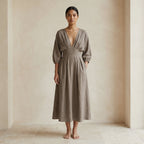 Beige Cotton Flax Deep-V Neck Empire Waist Maxi Dress