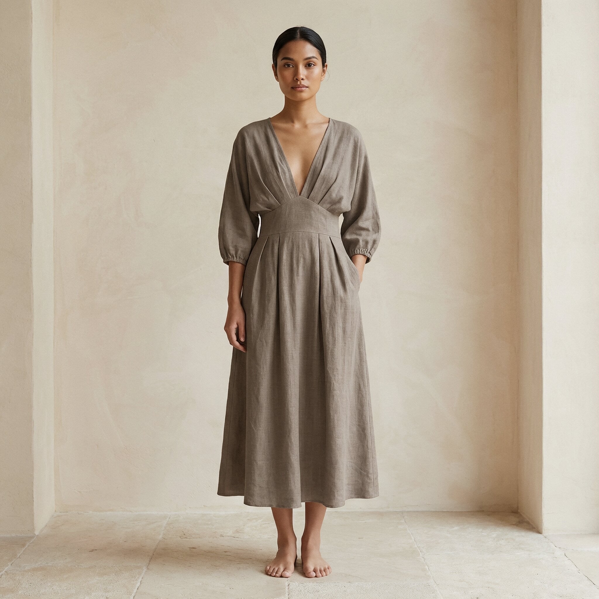 Beige Cotton Flax Deep-V Neck Empire Waist Maxi Dress