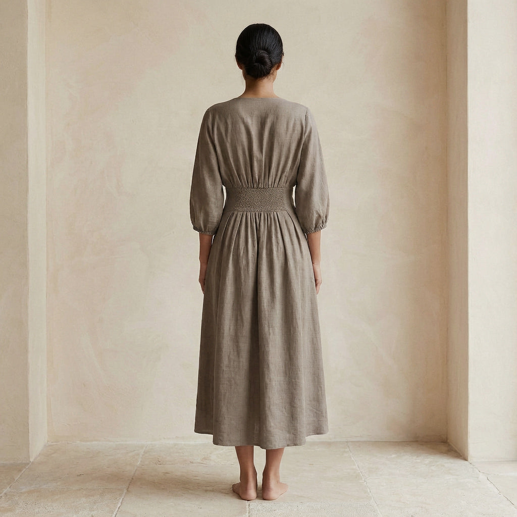 Beige Cotton Flax Deep-V Neck Empire Waist Maxi Dress
