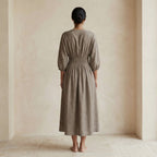 Beige Cotton Flax Deep-V Neck Empire Waist Maxi Dress
