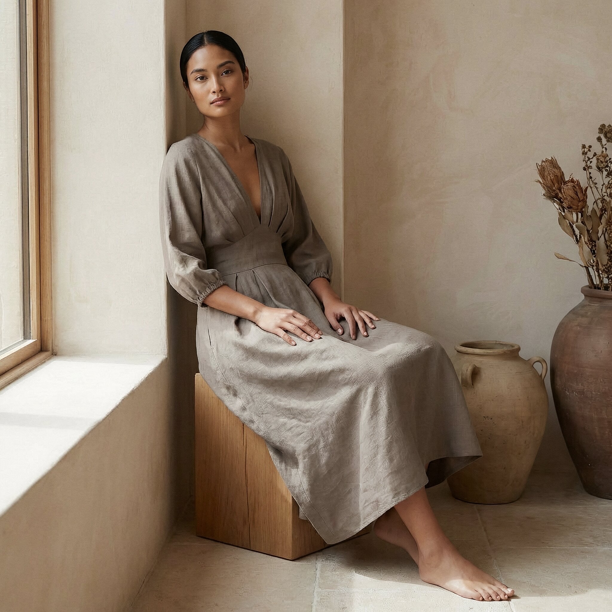 Beige Cotton Flax Deep-V Neck Empire Waist Maxi Dress
