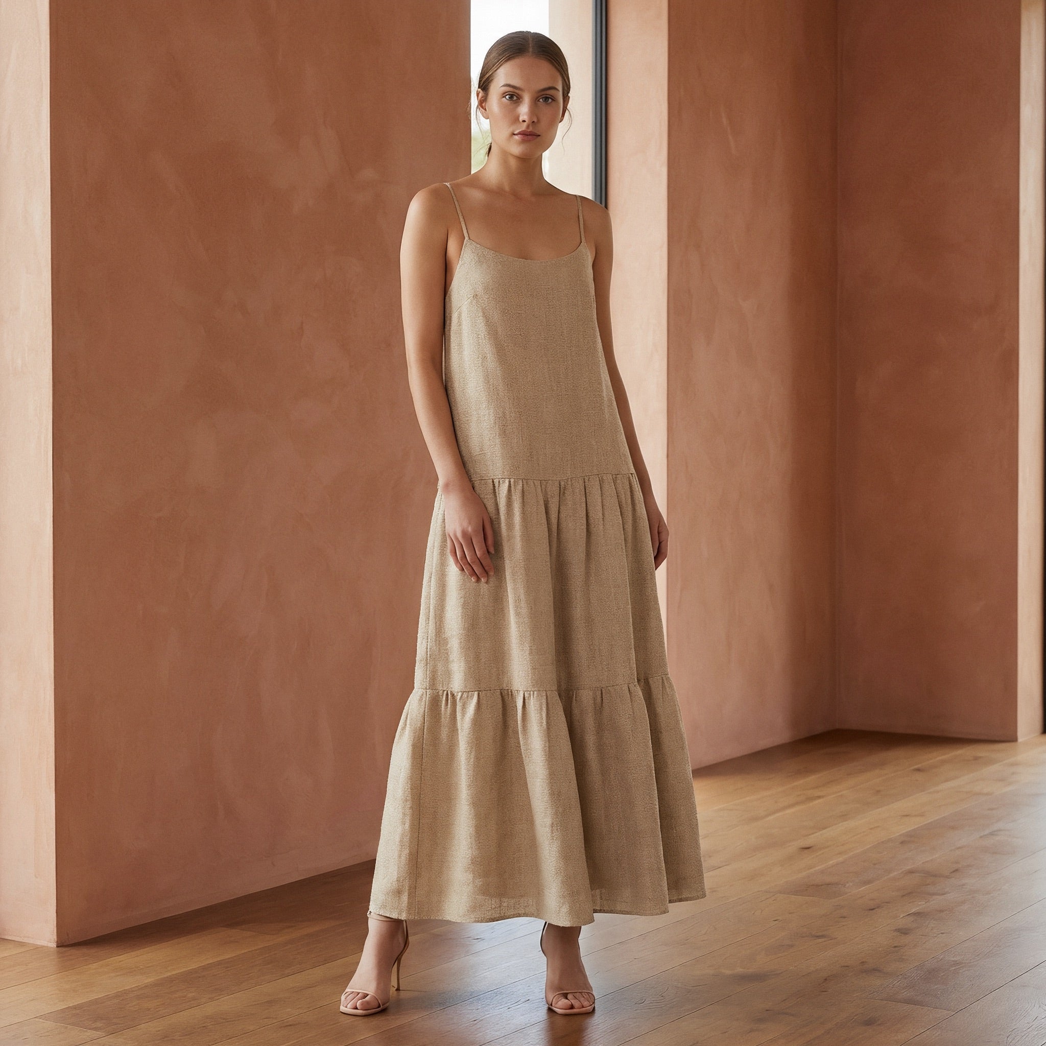 Beige Cotton Flax Drop-Waist Camisole Maxi Tier Dress
