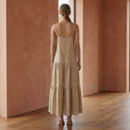 Beige Cotton Flax Drop-Waist Camisole Maxi Tier Dress