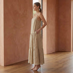 Beige Cotton Flax Drop-Waist Camisole Maxi Tier Dress