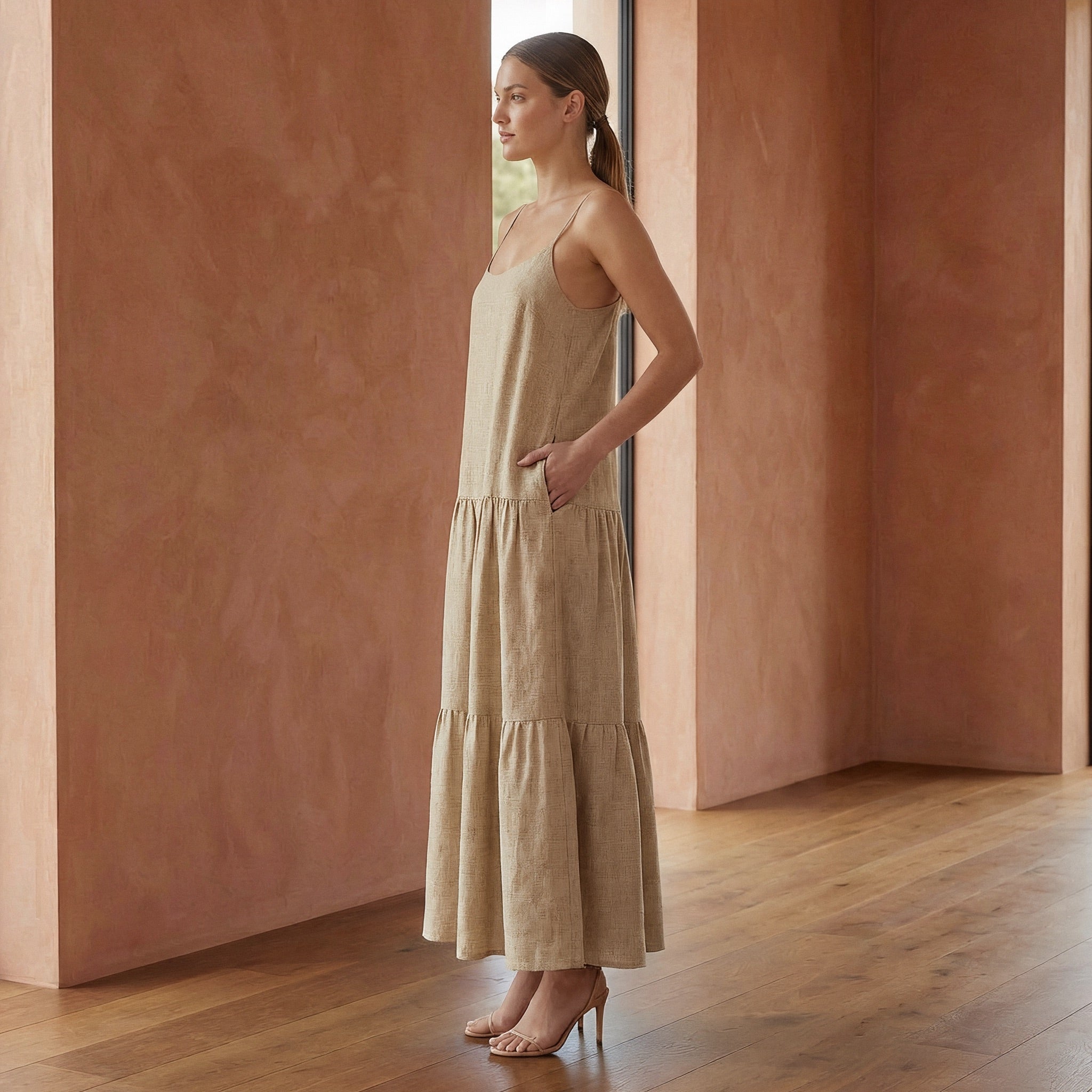 Beige Cotton Flax Drop-Waist Camisole Maxi Tier Dress