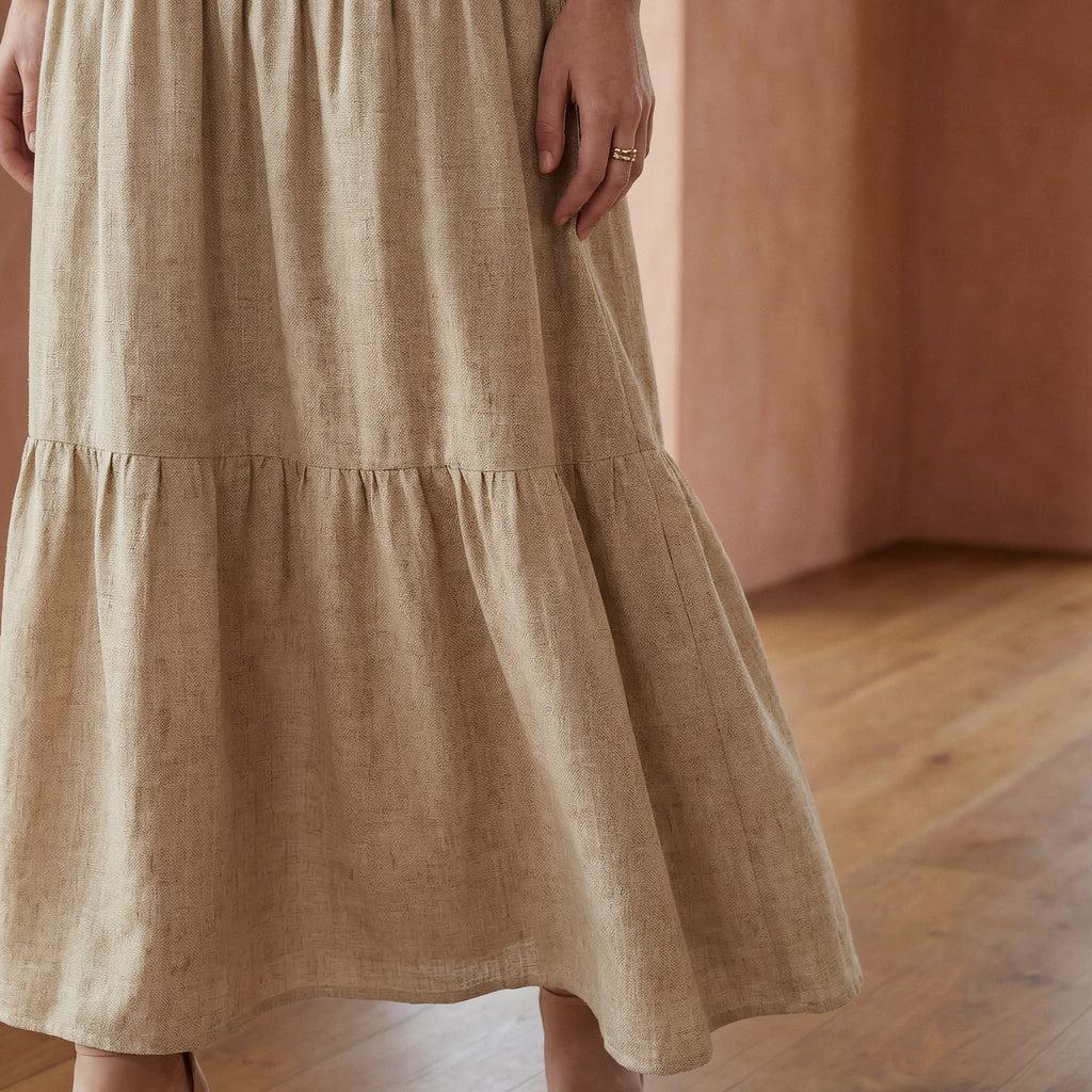Beige Cotton Flax Drop-Waist Camisole Maxi Tier Dress
