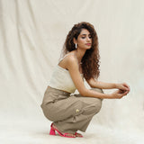 Beige Cotton Flax Elasticated High-Rise Cargo Pant