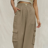 Beige Cotton Flax Elasticated High-Rise Cargo Pant