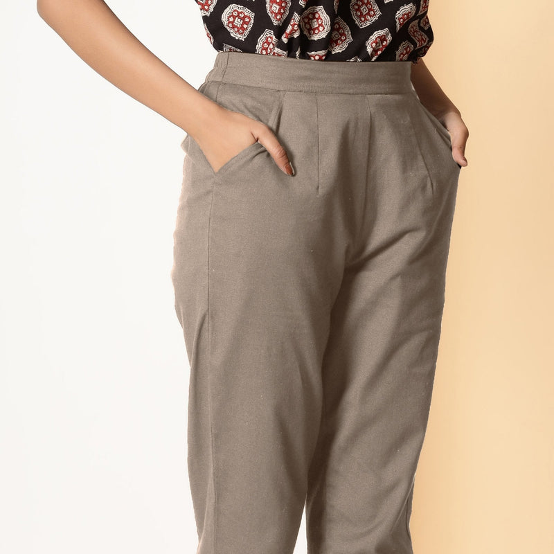 Beige Cotton Flax Elasticated High-Rise Tapered Pant