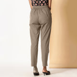 Beige Cotton Flax Elasticated High-Rise Tapered Pant