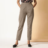 Beige Cotton Flax Elasticated High-Rise Tapered Pant