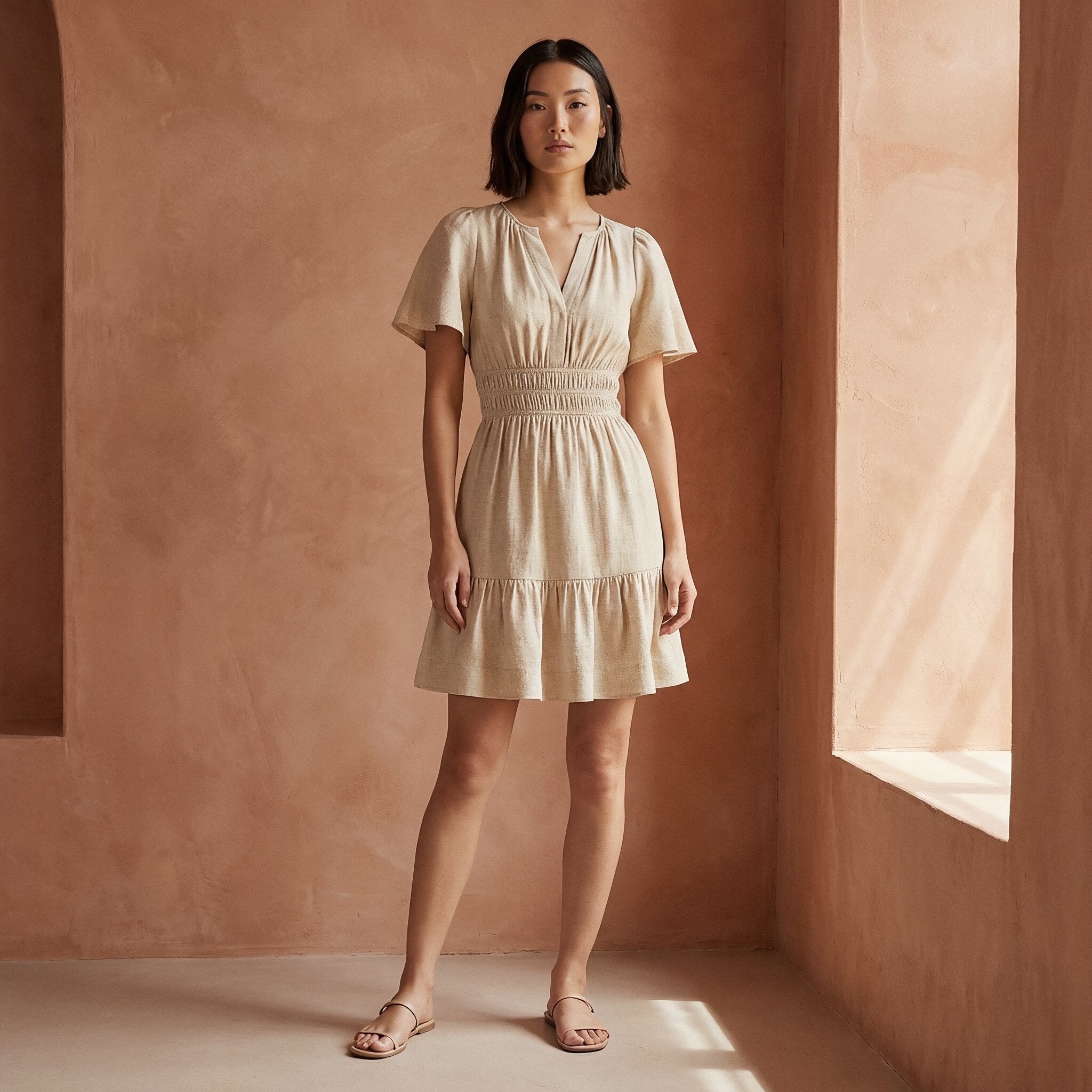 Beige Cotton Flax Elasticated Short Tier Dress