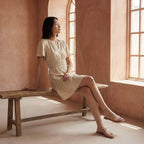 Beige Cotton Flax Elasticated Short Tier Dress