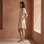 Beige Cotton Flax Elasticated Short Tier Dress