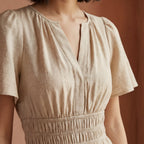 Beige Cotton Flax Elasticated Short Tier Dress