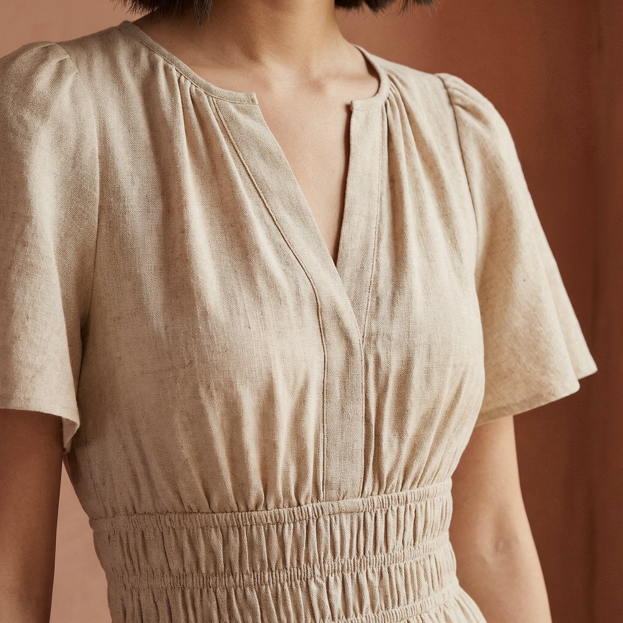 Beige Cotton Flax Elasticated Short Tier Dress