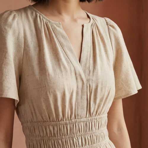 Beige Cotton Flax Elasticated Short Tier Dress