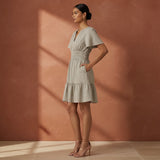 Beige Cotton Flax Elasticated Short Tier Dress