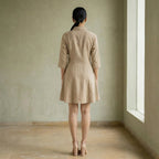 Beige Cotton Flax Fit and Flare Button-Down Short Shirt Dress