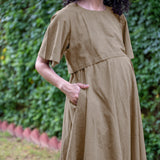 Beige Cotton Flax Fit and Flare Knee Length Pre and Post Maternity Dress