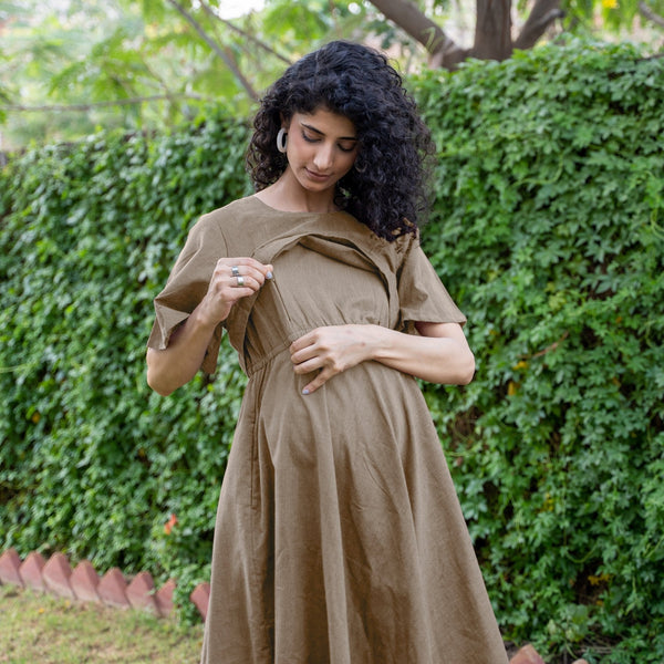 Beige Cotton Flax Fit and Flare Knee Length Pre and Post Maternity Dress