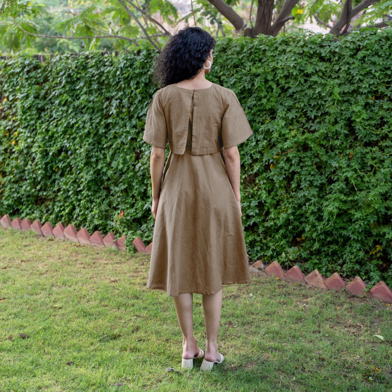 Beige Cotton Flax Fit and Flare Knee Length Pre and Post Maternity Dress