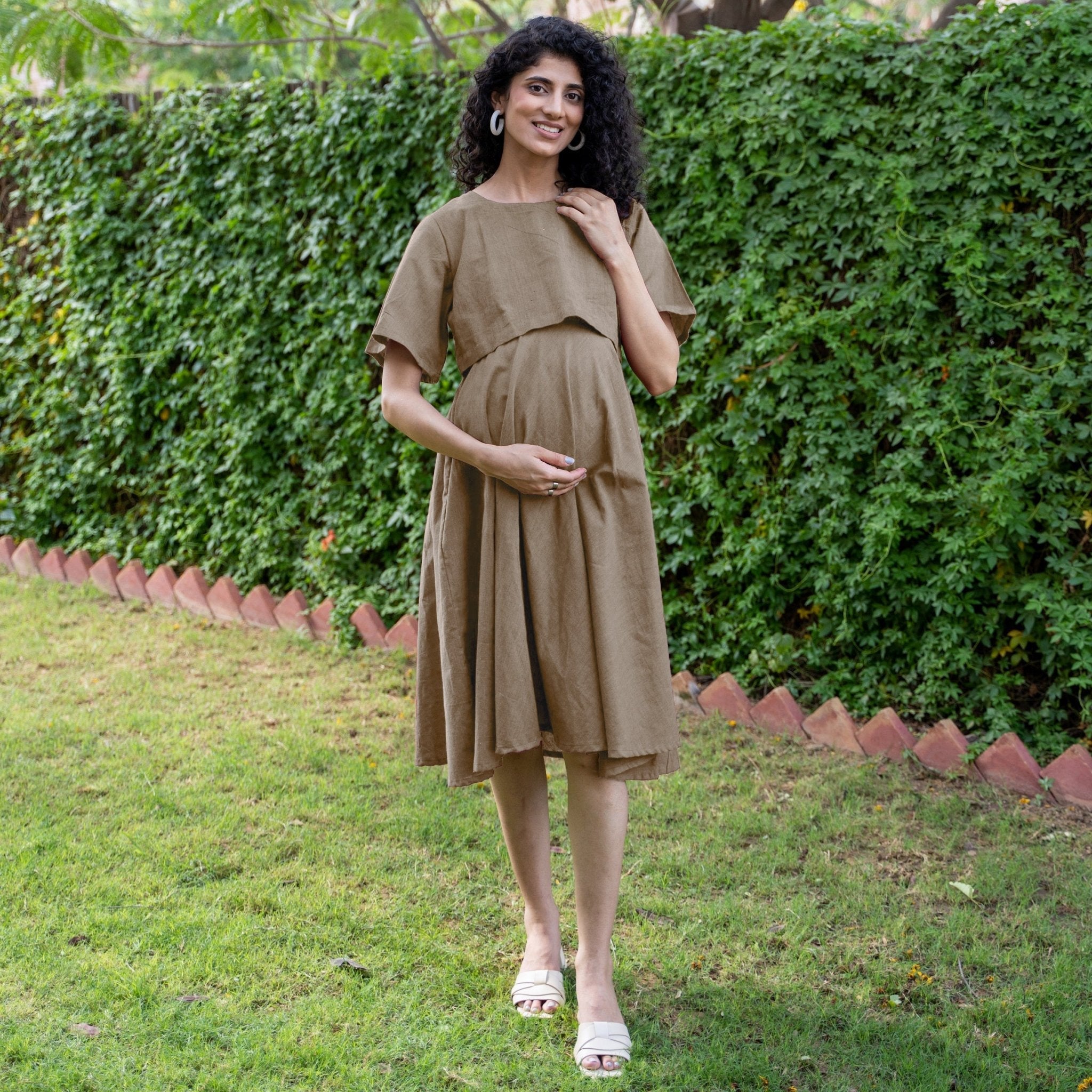 Beige Cotton Flax Fit and Flare Knee Length Pre and Post Maternity Dress